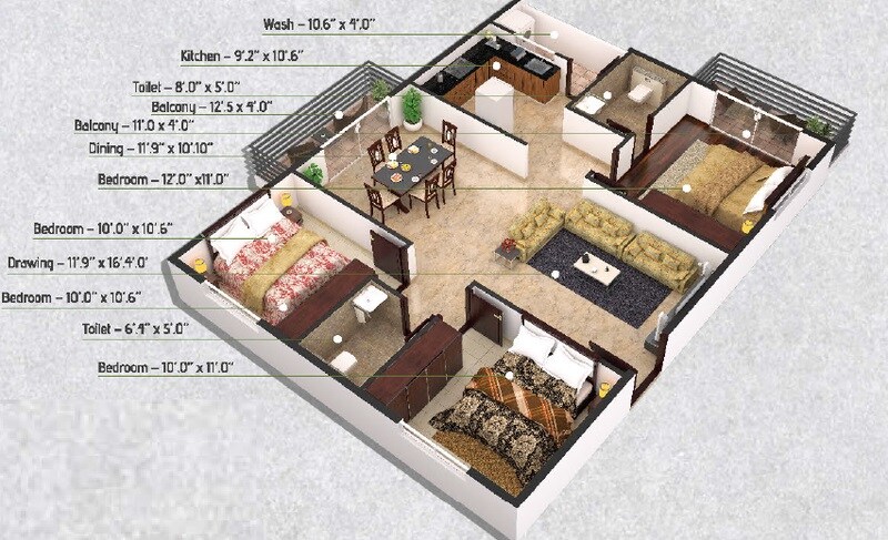 Floor plan of 3 BHK 1305 Sq. Ft. Apartment in LVS Gardenia Phase 2, Bangalore