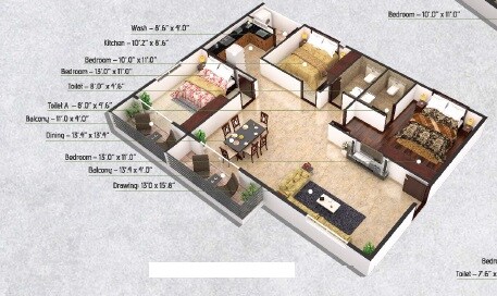 Floor plan of 3 BHK 1410 Sq. Ft. Apartment in LVS Gardenia Phase 2, Bangalore