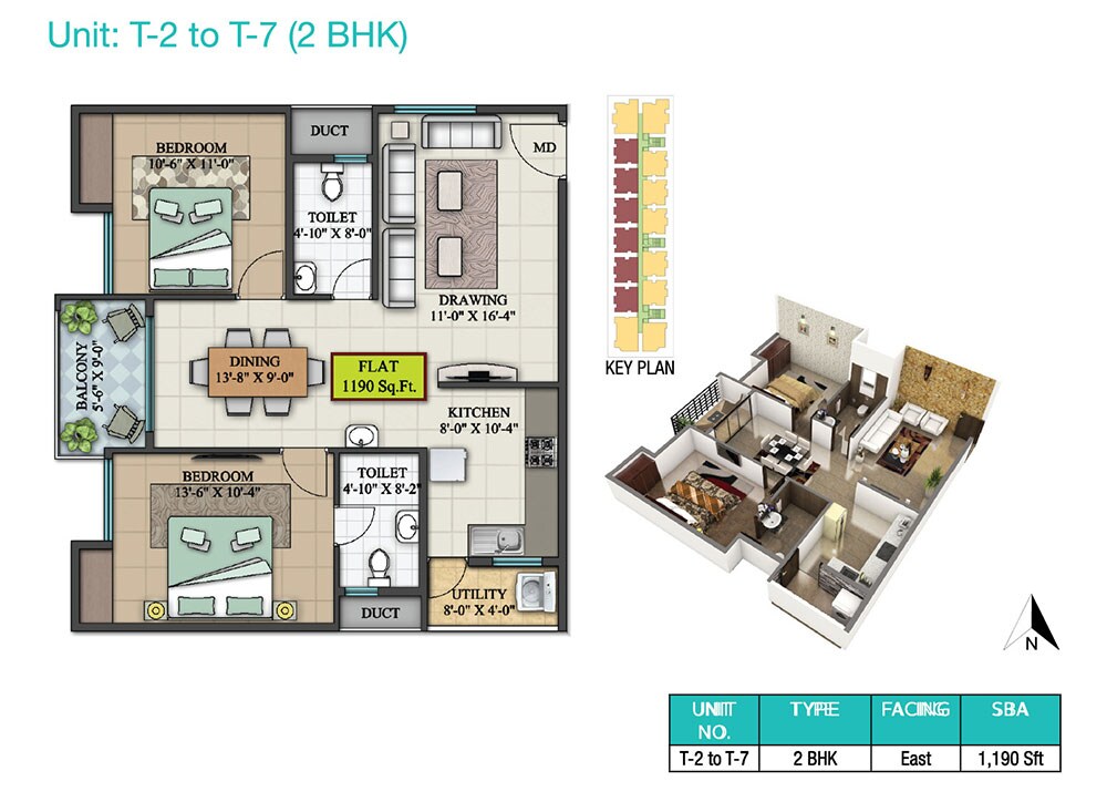 Floor plan of 2 BHK 1190 Sq. Ft. Apartment in LVS Heights, Bangalore