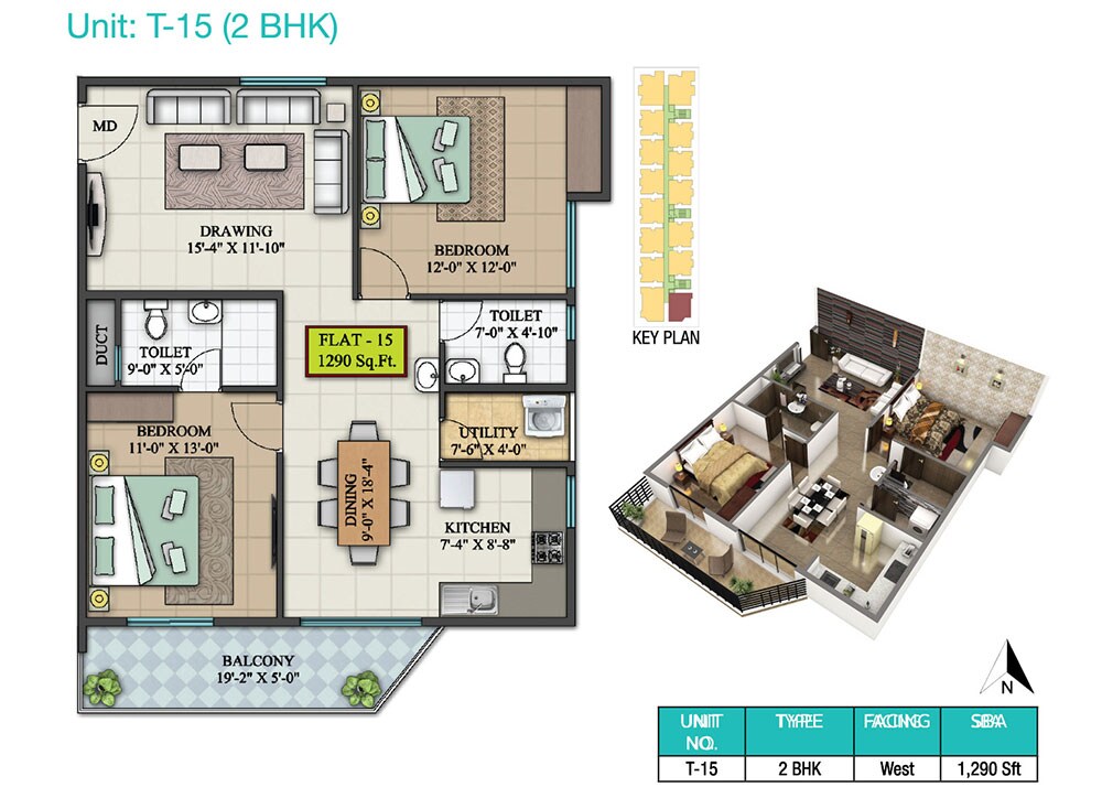Floor plan of 2 BHK 1290 Sq. Ft. Apartment in LVS Heights, Bangalore