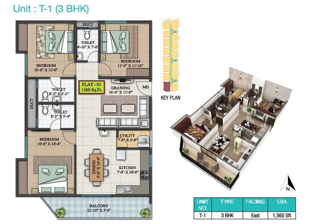 Floor plan of 3 BHK 1560 Sq. Ft. Apartment in LVS Heights, Bangalore
