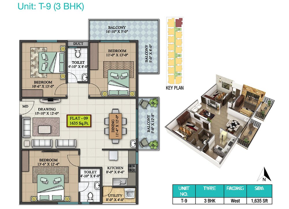 Floor plan of 3 BHK 1635 Sq. Ft. Apartment in LVS Heights, Bangalore