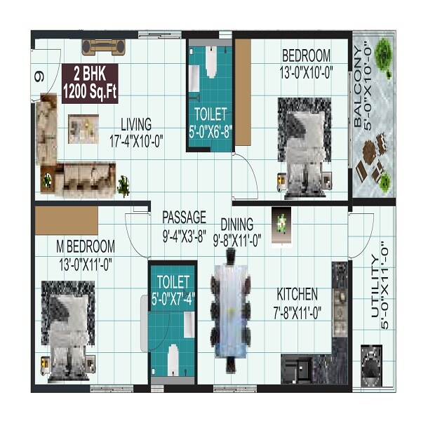 Floor plan of 2 BHK 1200 Sq. Ft. Apartment in LVS Paradise, Bangalore