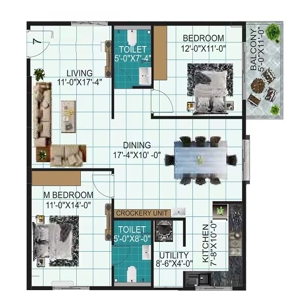 Floor plan of 2 BHK 1300 Sq. Ft. Apartment in LVS Paradise, Bangalore