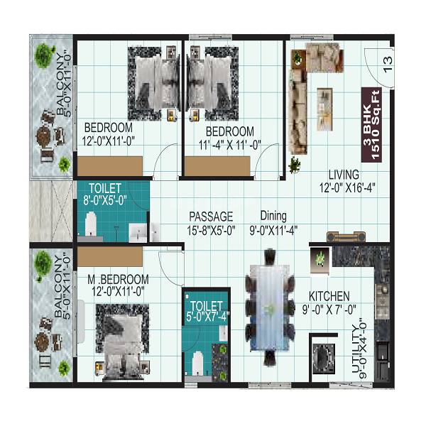 Floor plan of 3 BHK 1510 Sq. Ft. Apartment in LVS Paradise, Bangalore
