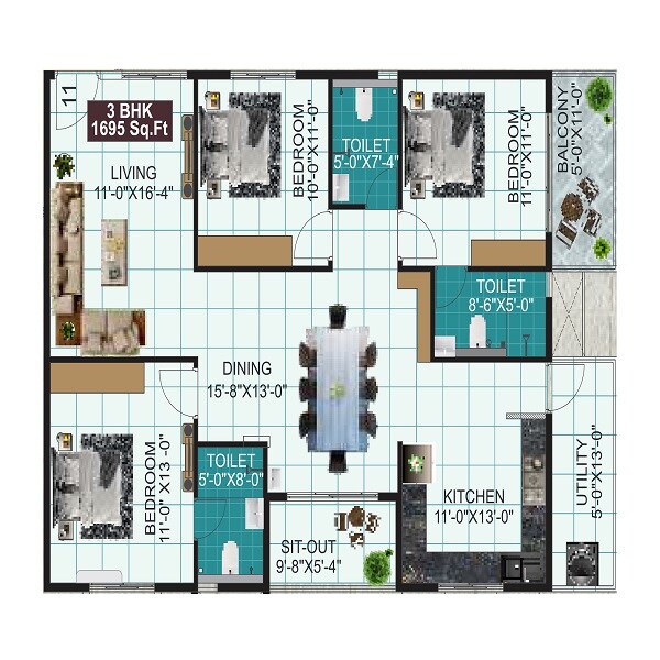 Floor plan of 3 BHK 1695 Sq. Ft. Apartment in LVS Paradise, Bangalore