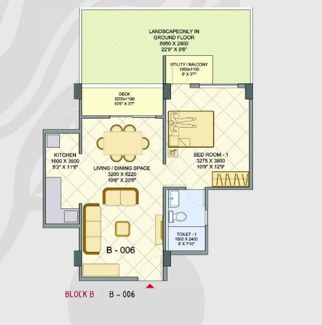 Floor plan of 1 BHK 733 Sq. Ft. Apartment in Lybiana Avila, Bangalore