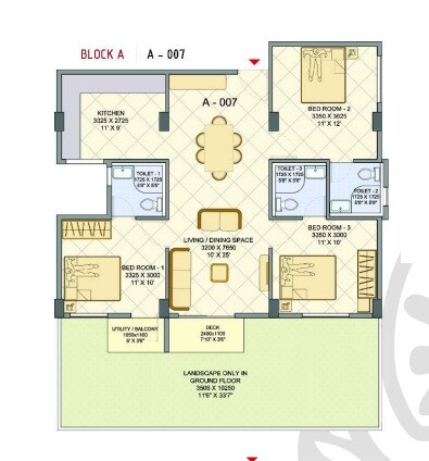 Floor plan of 3 BHK 1222 Sq. Ft. Apartment in Lybiana Avila, Bangalore
