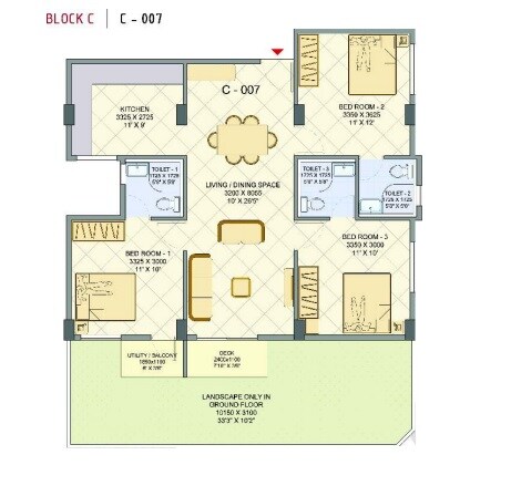 Floor plan of 3 BHK 1382 Sq. Ft. Apartment in Lybiana Avila, Bangalore