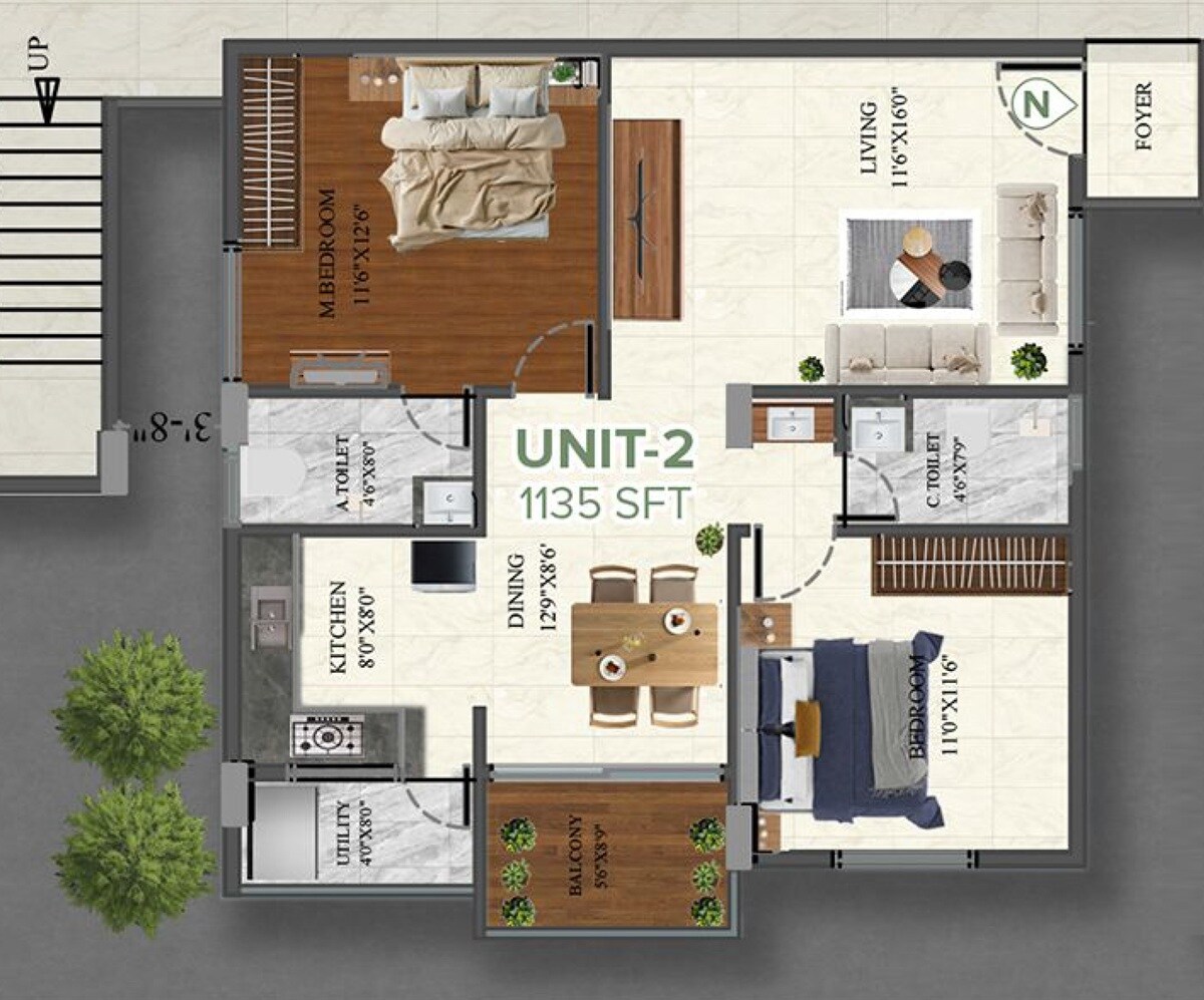 Floor plan of 2 BHK 1135 Sq. Ft. Apartment in M Square The Breeze Way, Bangalore