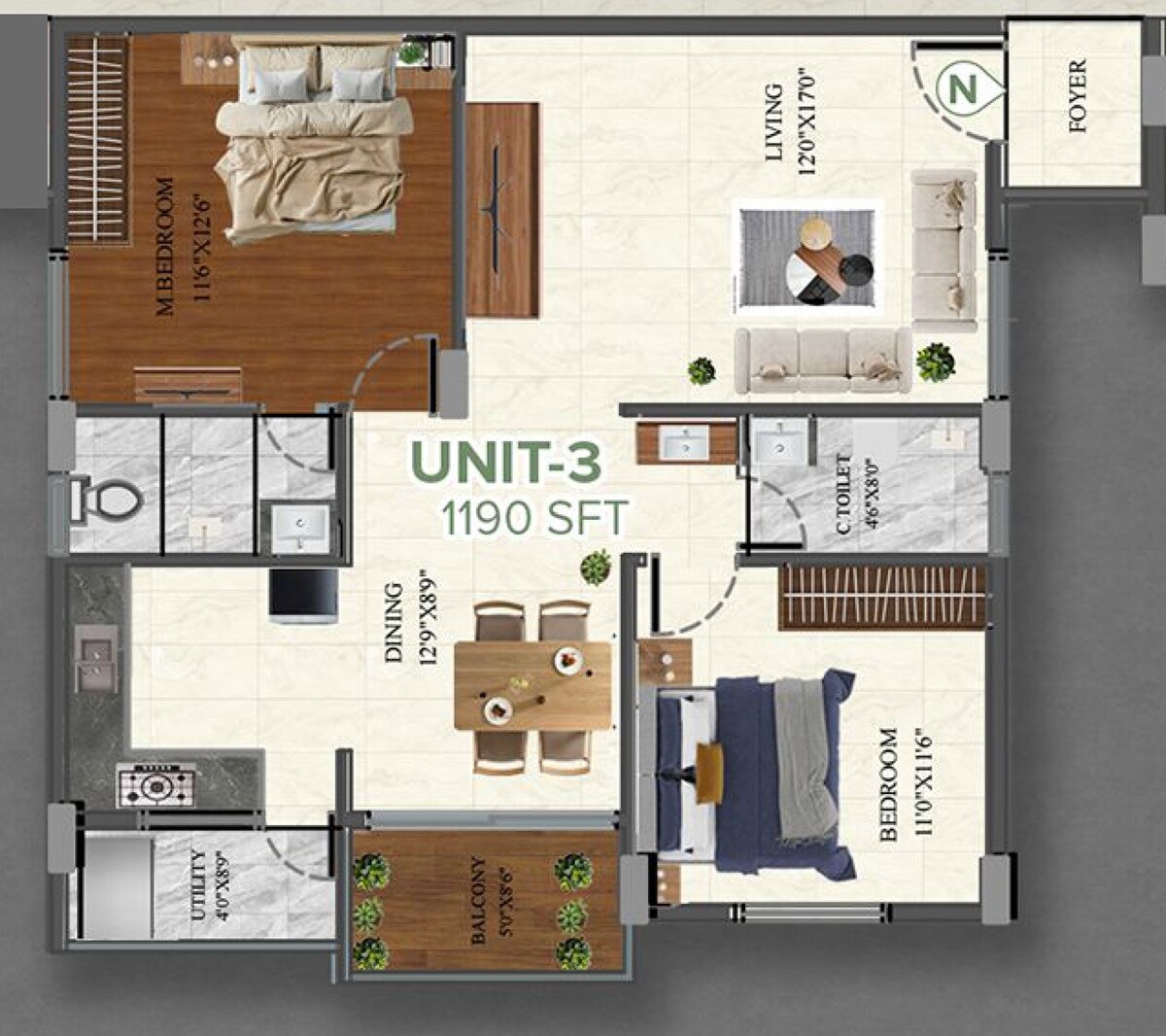 Floor plan of 2 BHK 1190 Sq. Ft. Apartment in M Square The Breeze Way, Bangalore