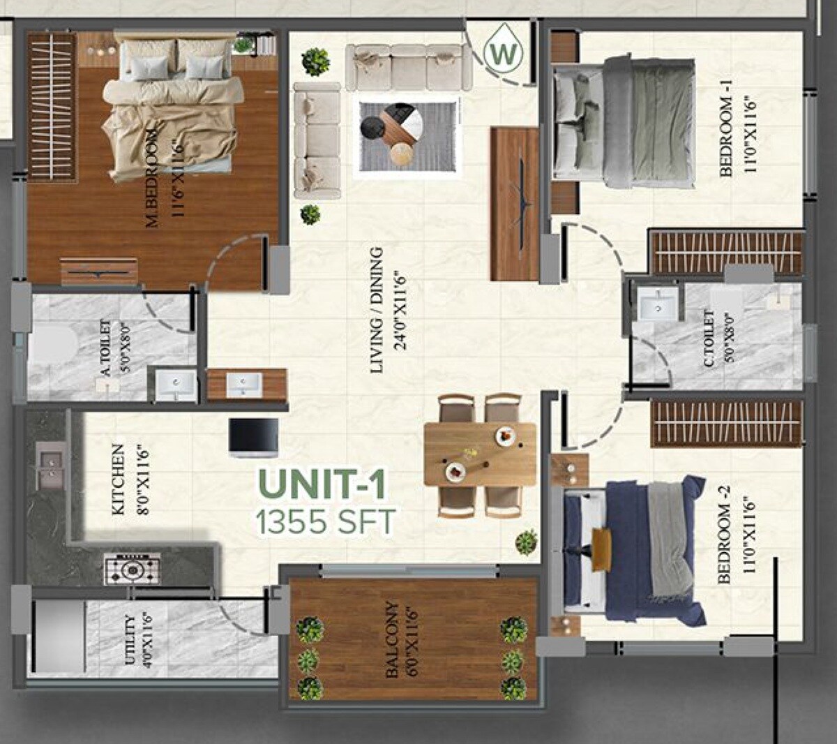 Floor plan of 3 BHK 1355 Sq. Ft. Apartment in M Square The Breeze Way, Bangalore