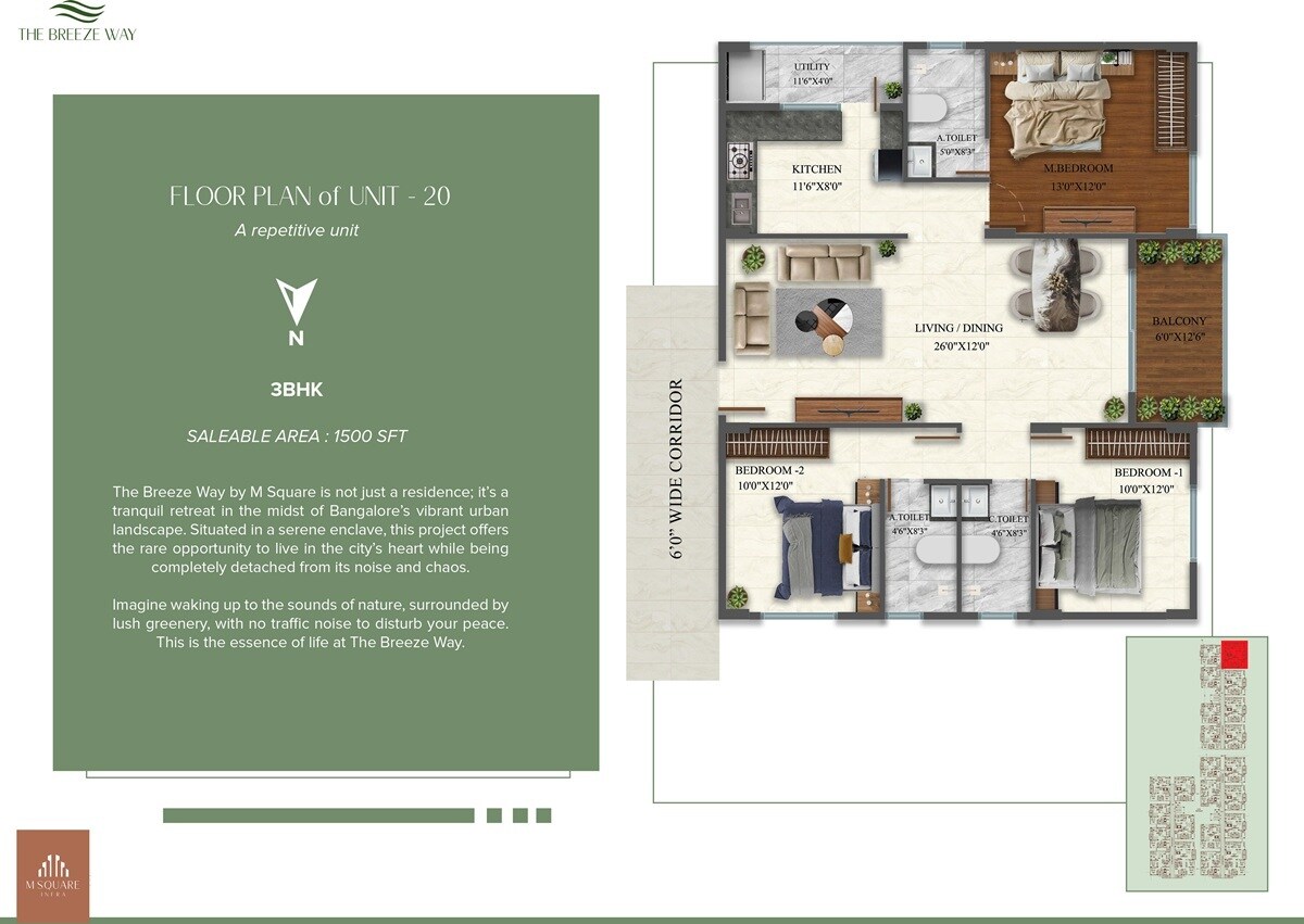 Floor plan of 3 BHK 1500 Sq. Ft. Apartment in M Square The Breeze Way, Bangalore