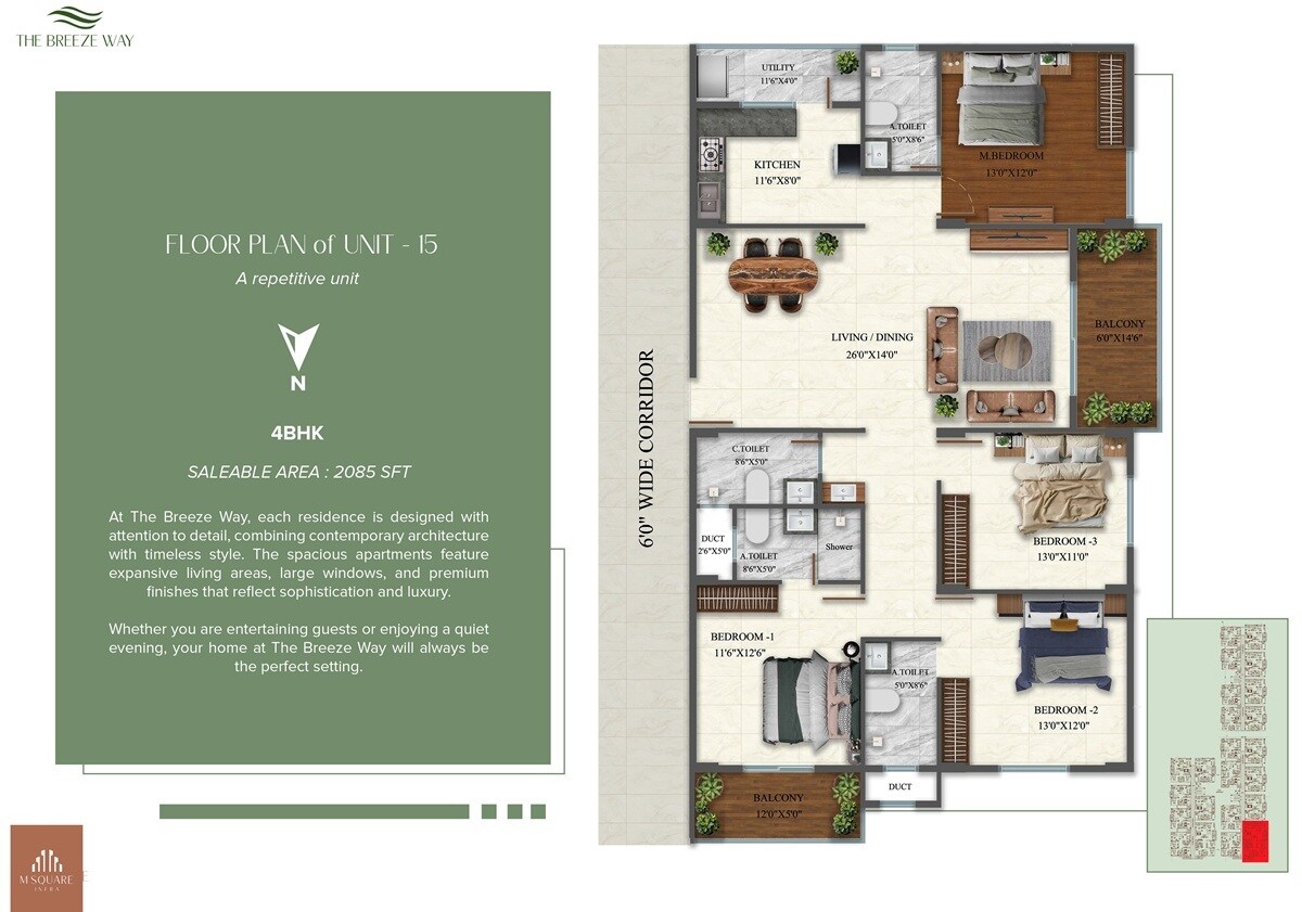 Floor plan of 4 BHK 2085 Sq. Ft. Apartment in M Square The Breeze Way, Bangalore