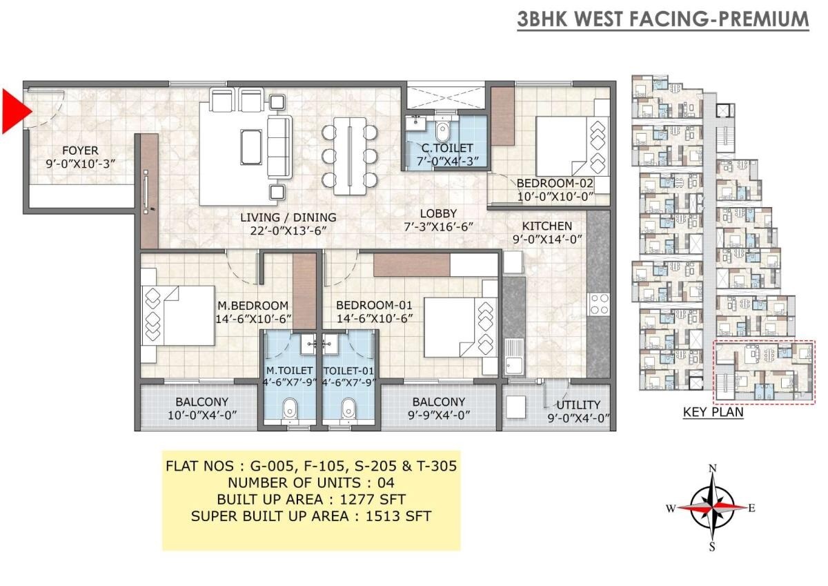 Floor plan of 3 BHK 1513 Sq. Ft. Apartment in Ma Sarada Upavan, Bangalore