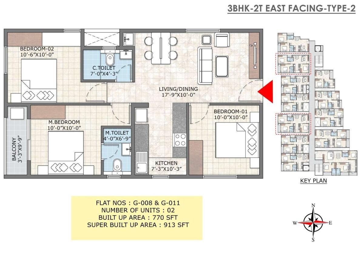 Floor plan of 3 BHK 913 Sq. Ft. Apartment in Ma Sarada Upavan, Bangalore