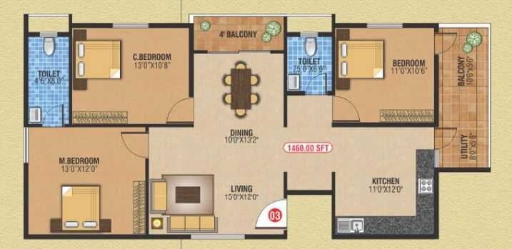 3 BHK 1460 Sq. Ft. Apartment