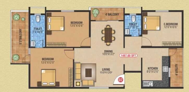 3 BHK 1497 Sq. Ft. Apartment