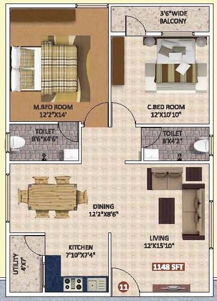 Floor plan of 2 BHK 1148 Sq. Ft. Apartment in Maa Nivasam, Bangalore