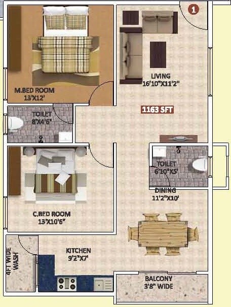 Floor plan of 2 BHK 1163 Sq. Ft. Apartment in Maa Nivasam, Bangalore