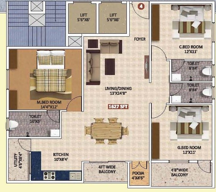 Floor plan of 3 BHK 1627 Sq. Ft. Apartment in Maa Nivasam, Bangalore