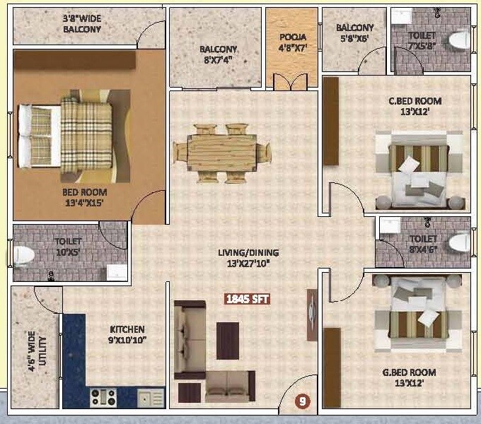 Floor plan of 3 BHK 1845 Sq. Ft. Apartment in Maa Nivasam, Bangalore