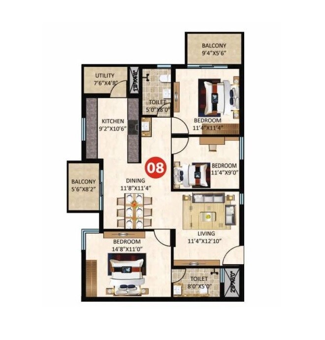 Floor plan of 3 BHK 1521 Sq. Ft. Apartment in Maangalya Park Avenue, Bangalore