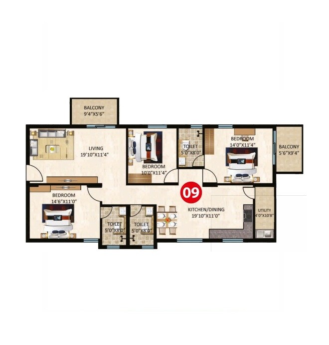 Floor plan of 3 BHK 1849 Sq. Ft. Apartment in Maangalya Park Avenue, Bangalore