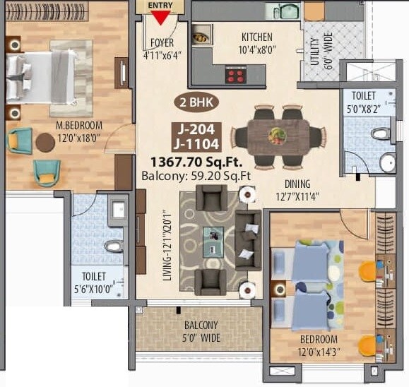 Floor plan of 2 BHK 1368 Sq. Ft. Apartment in Maangalya Signature, Bangalore