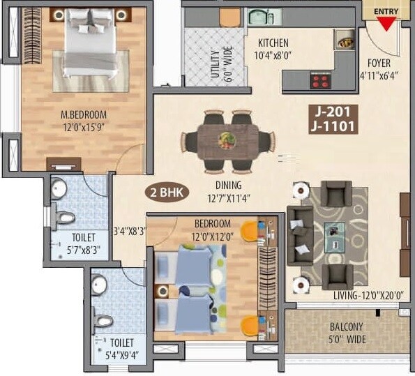 Floor plan of 2 BHK 1434 Sq. Ft. Apartment in Maangalya Signature, Bangalore