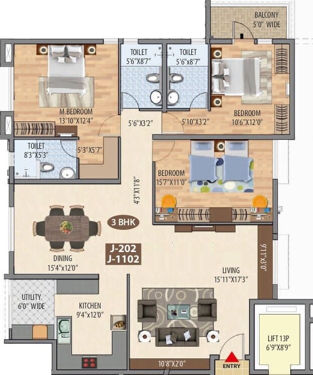 Floor plan of 3 BHK 1854 Sq. Ft. Apartment in Maangalya Signature, Bangalore