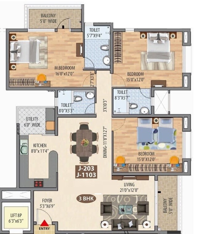 Floor plan of 3 BHK 1992 Sq. Ft. Apartment in Maangalya Signature, Bangalore