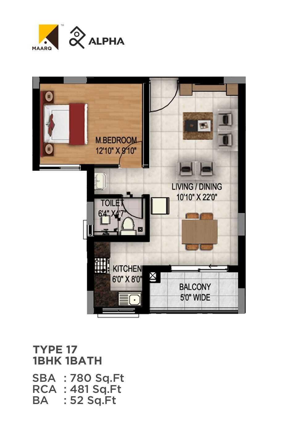 Floor plan of 1 BHK 780 Sq. Ft. Apartment in Maarq Alpha, Bangalore