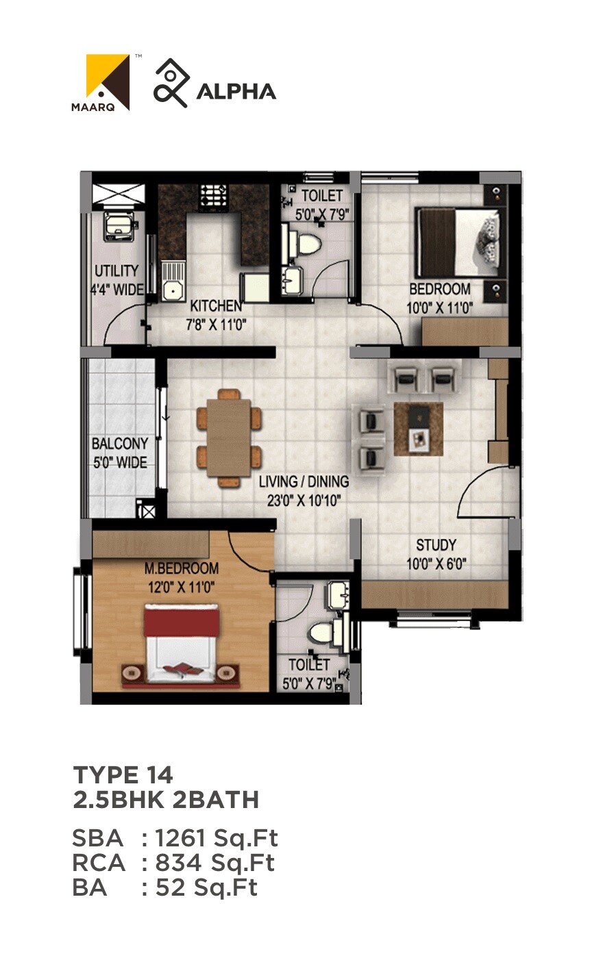 Floor plan of 2 BHK 1261 Sq. Ft. Apartment in Maarq Alpha, Bangalore