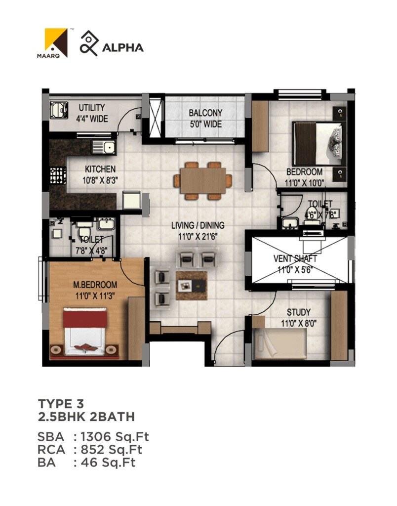 Floor plan of 2 BHK 1306 Sq. Ft. Apartment in Maarq Alpha, Bangalore
