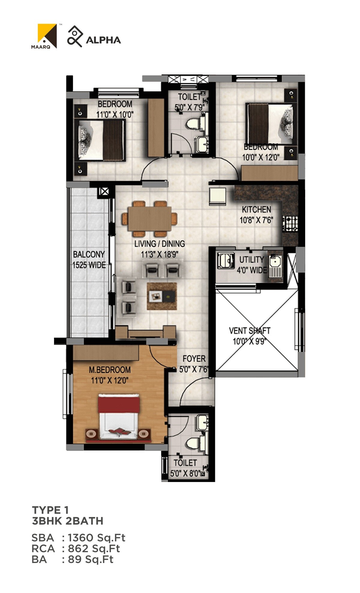 Floor plan of 3 BHK 1360 Sq. Ft. Apartment in Maarq Alpha, Bangalore