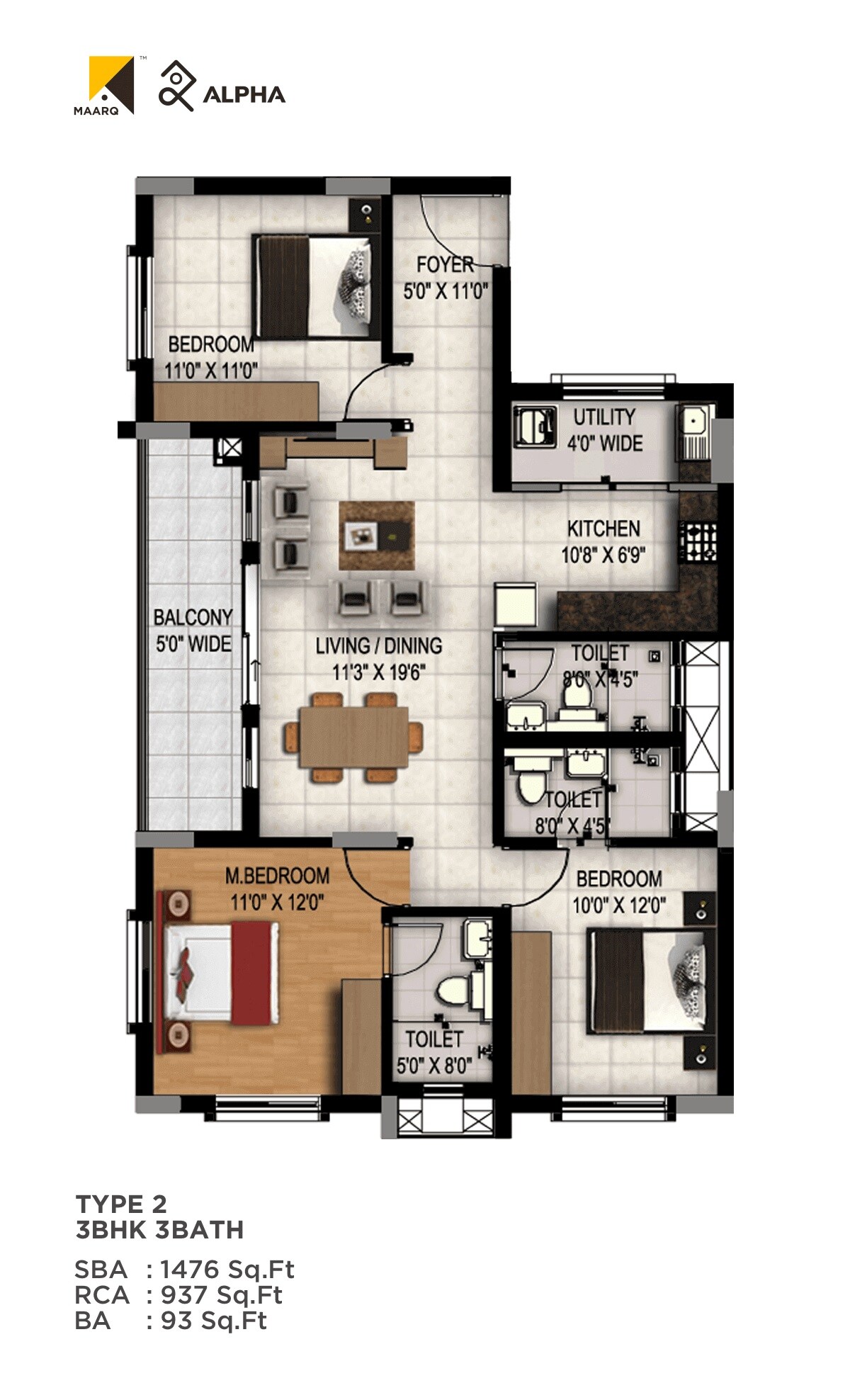 Floor plan of 3 BHK 1476 Sq. Ft. Apartment in Maarq Alpha, Bangalore