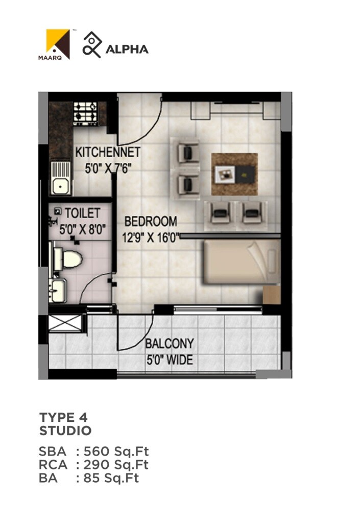 Floor plan of 560 Sq. Ft. Studio in Maarq Alpha, Bangalore