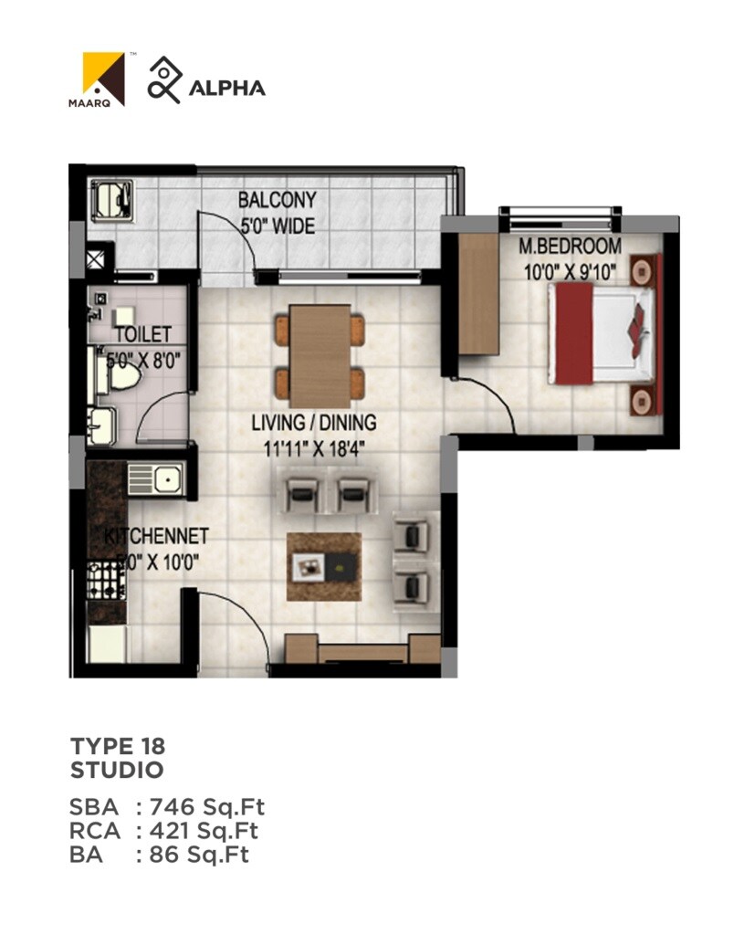 Floor plan of 746 Sq. Ft. Studio in Maarq Alpha, Bangalore