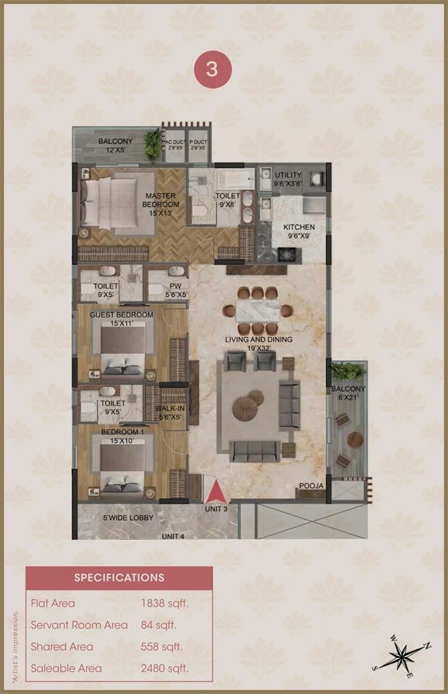 Floor plan of 3 BHK 2480 Sq. Ft. Apartment in Magnolia Delight, Bangalore