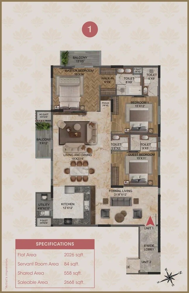 Floor plan of 3 BHK 2668 Sq. Ft. Apartment in Magnolia Delight, Bangalore