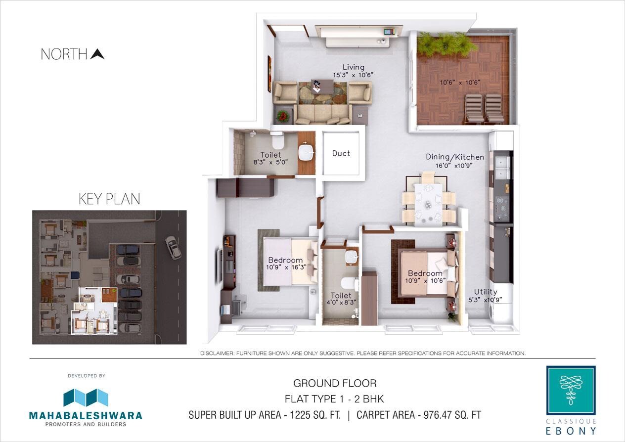 Floor plan of 2 BHK 1225 Sq. Ft. Apartment in Mahabaleshwara Classique Ebony, Bangalore