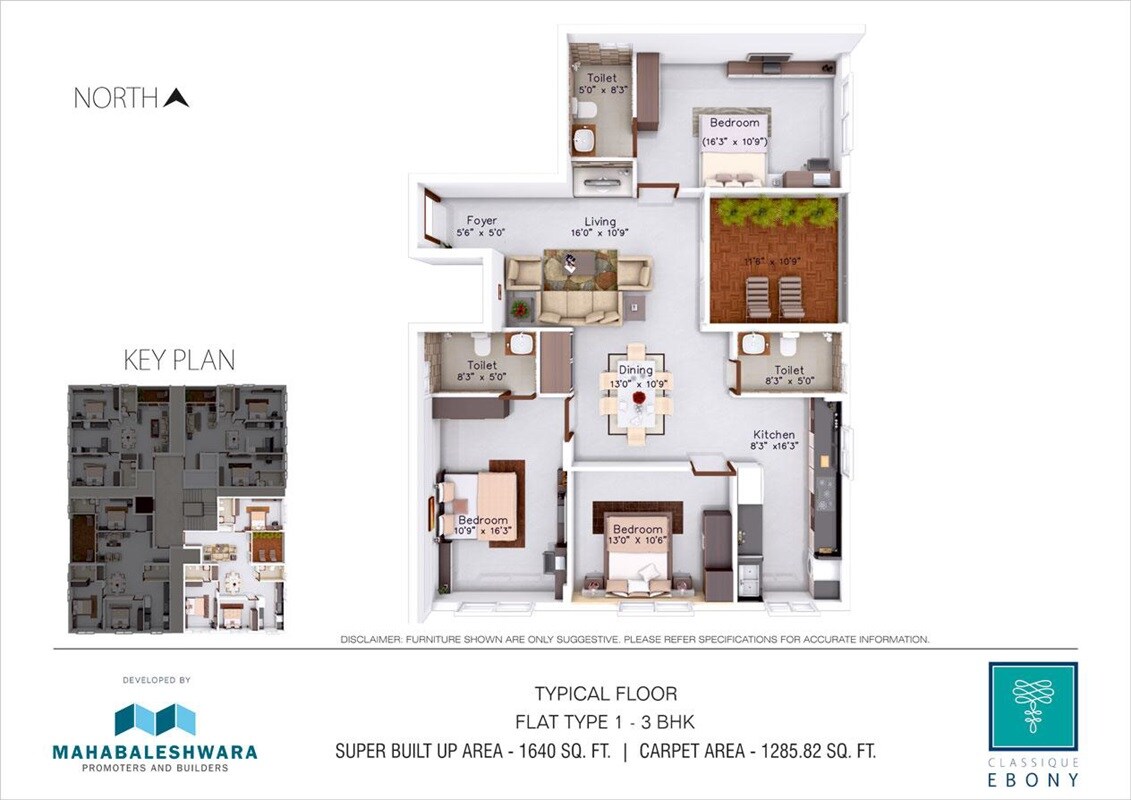 Floor plan of 3 BHK 1640 Sq. Ft. Apartment in Mahabaleshwara Classique Ebony, Bangalore