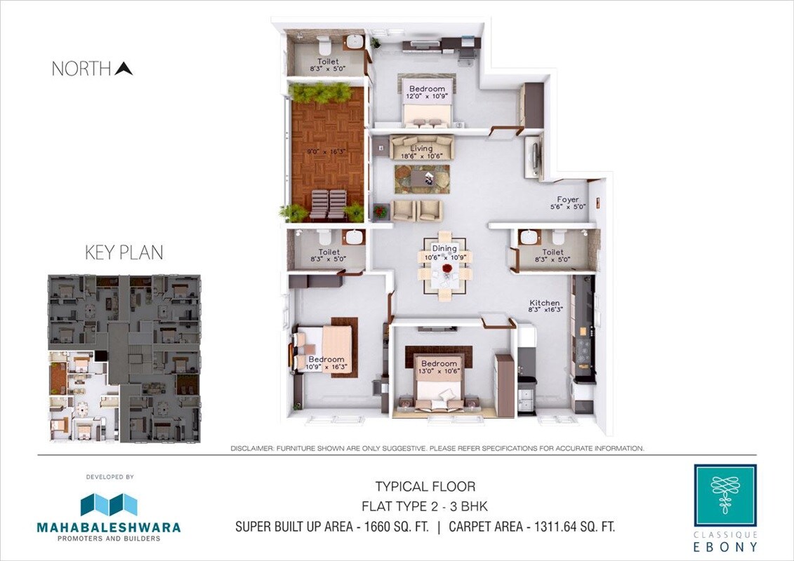 Floor plan of 3 BHK 1660 Sq. Ft. Apartment in Mahabaleshwara Classique Ebony, Bangalore