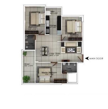 Floor plan of 3 BHK 1615 Sq. Ft. Apartment in Mahabaleshwara Classique Mayflower, Bangalore