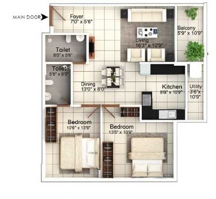 Floor plan of 3 BHK 1635 Sq. Ft. Apartment in Mahabaleshwara Classique Mayflower, Bangalore