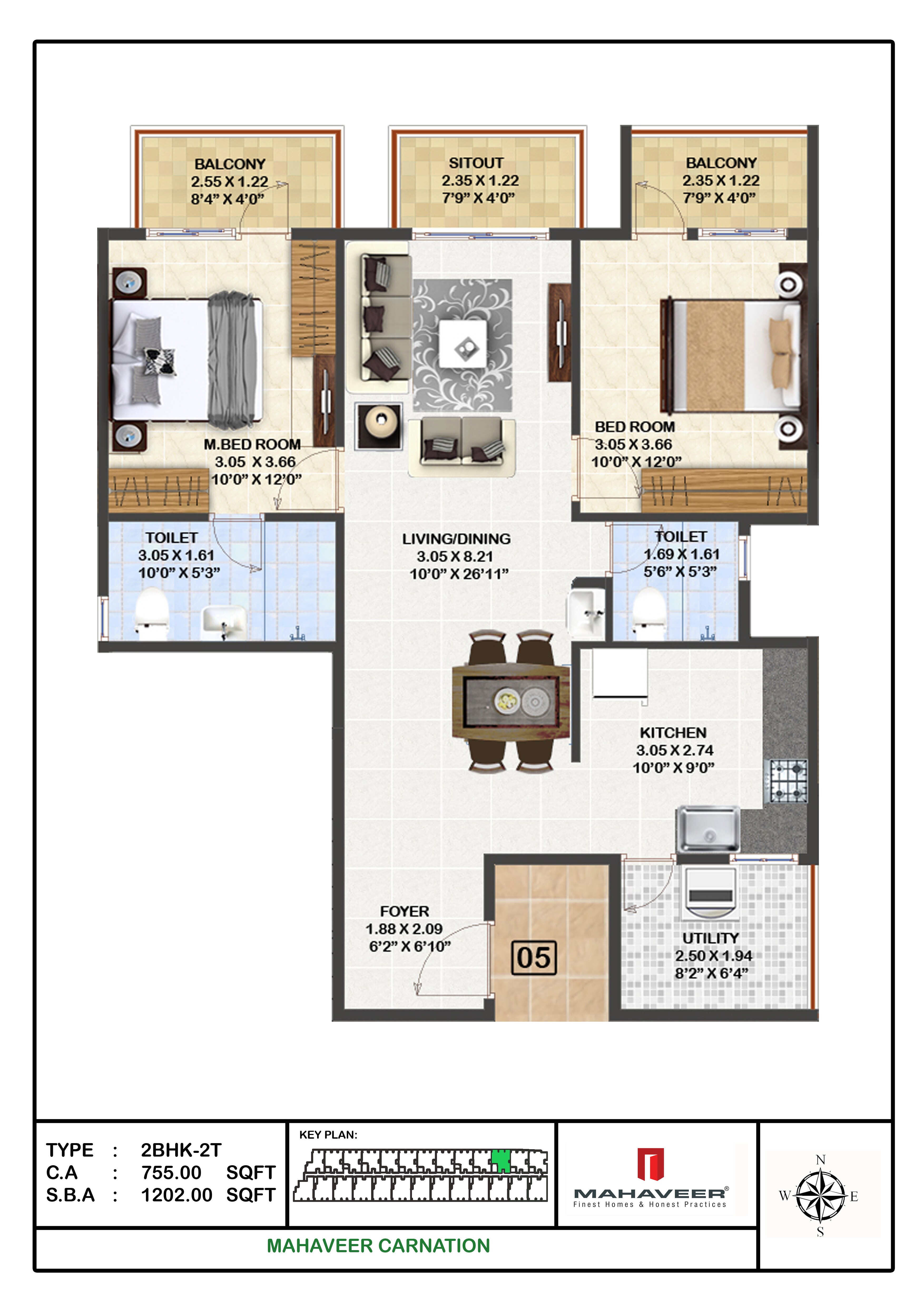 Floor plan of 2 BHK 1202 Sq. Ft. Apartment in Mahaveer Carnation, Bangalore