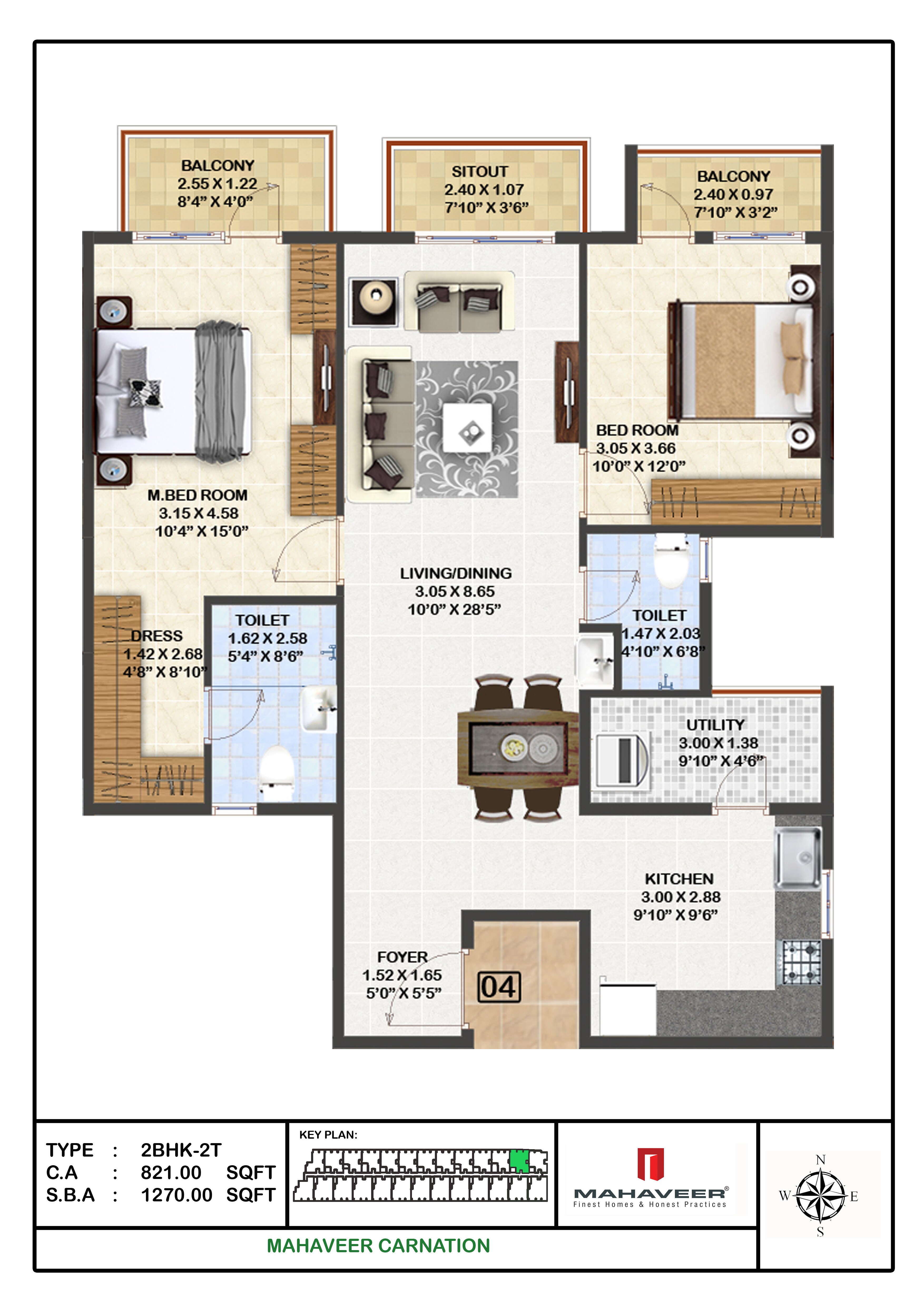 Floor plan of 2 BHK 1270 Sq. Ft. Apartment in Mahaveer Carnation, Bangalore