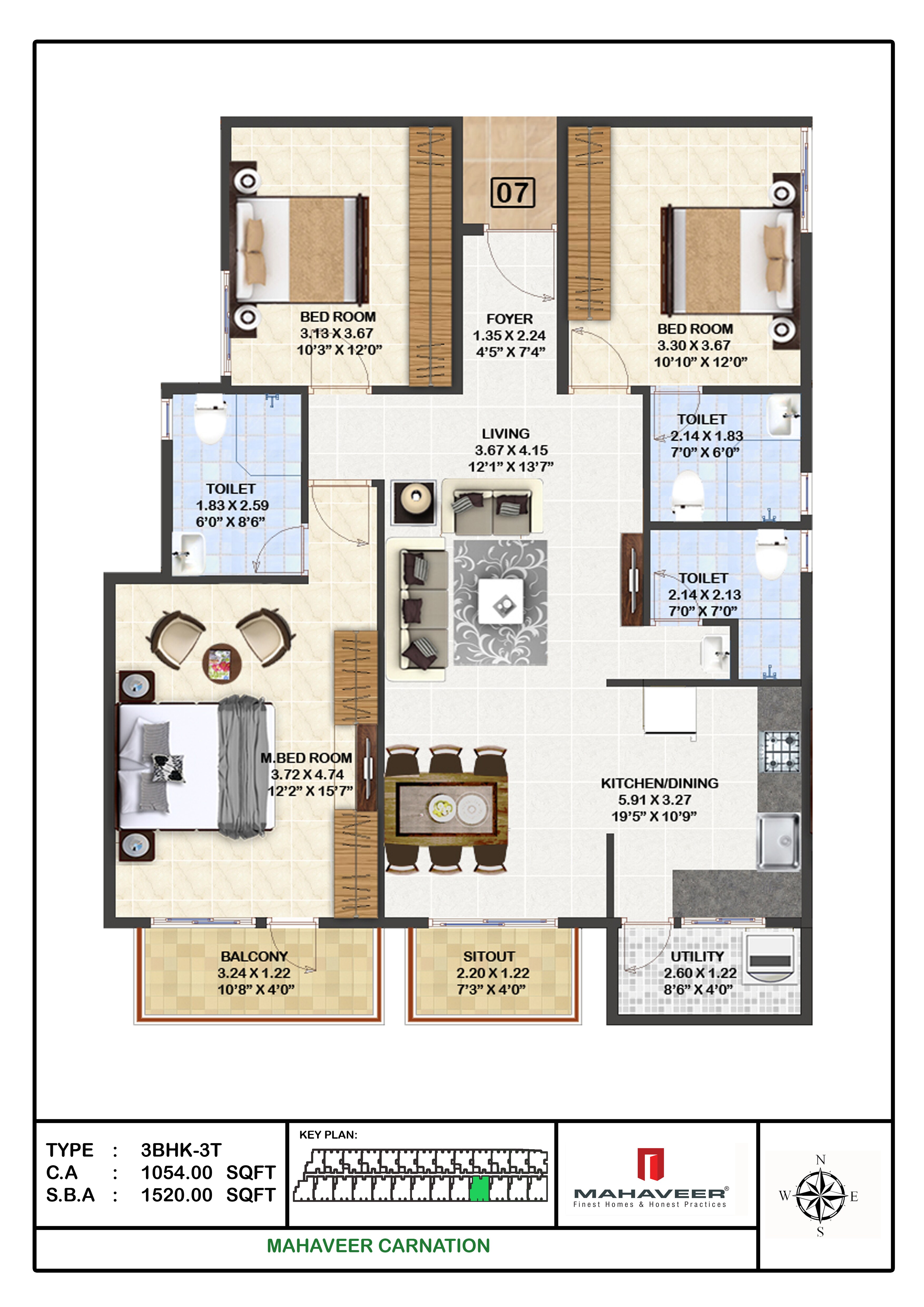 Floor plan of 3 BHK 1520 Sq. Ft. Apartment in Mahaveer Carnation, Bangalore