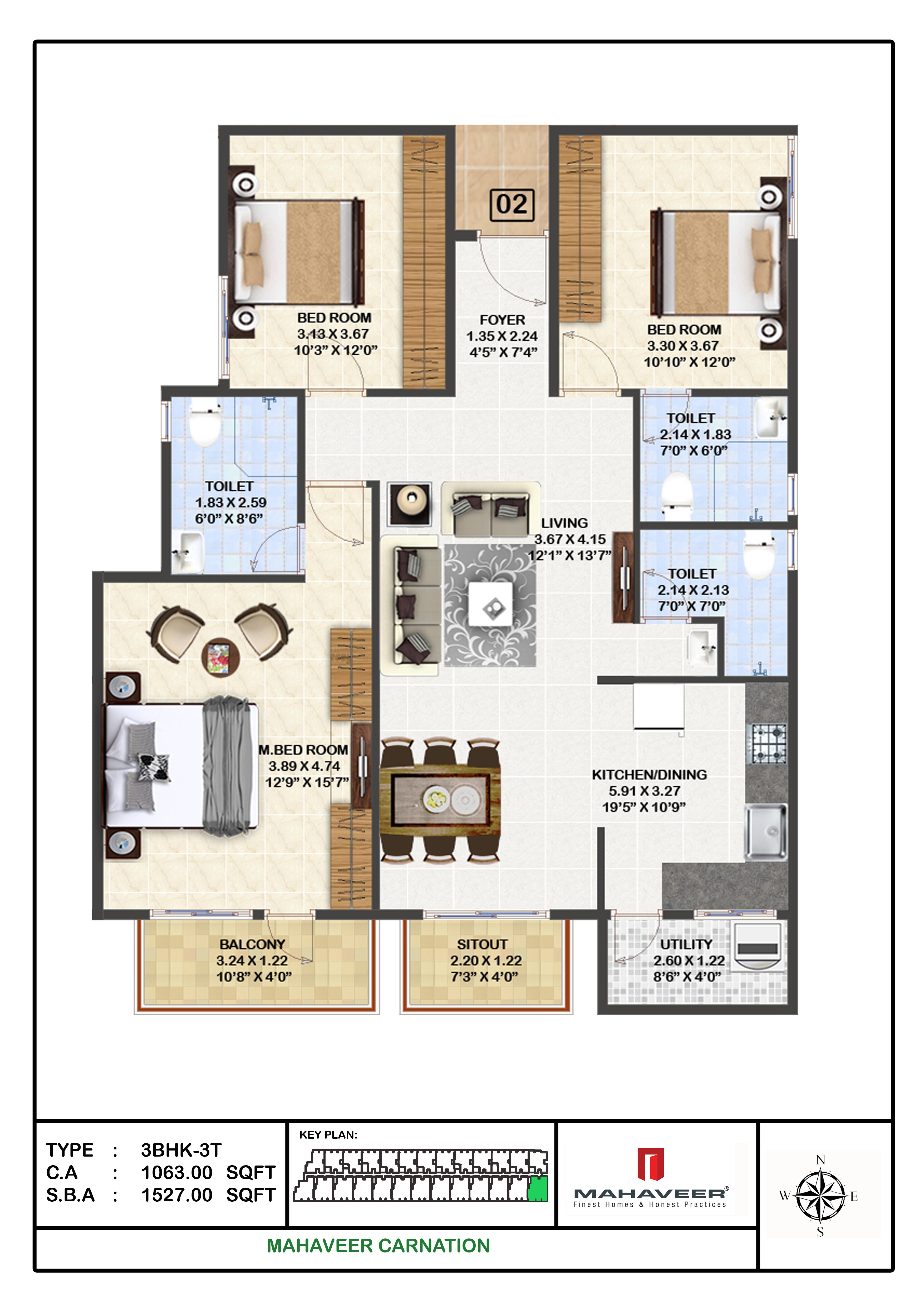 Floor plan of 3 BHK 1527 Sq. Ft. Apartment in Mahaveer Carnation, Bangalore